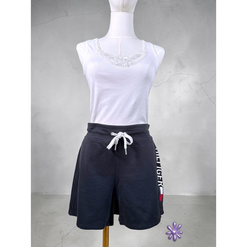TOMMY HILFIGER SPORT Shorts Womens Large Black Logo Drawstring Lounge NWOT